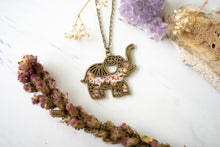 Real Pressed Flowers in Resin, Bronze Elephant Necklace in Purple Red Orange