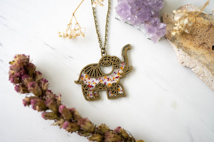 Real Pressed Flowers in Resin, Bronze Elephant Necklace in Purple Red Orange