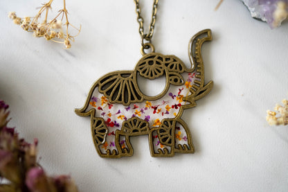 Real Pressed Flowers in Resin, Bronze Elephant Necklace in Purple Red Orange