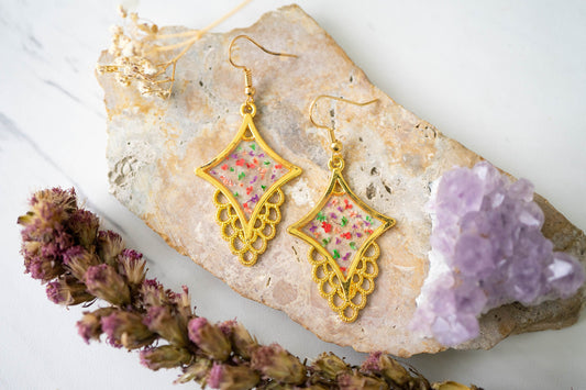 Real Pressed Flowers Earrings, Gold Drop Earrings in Pink Green Purple Red