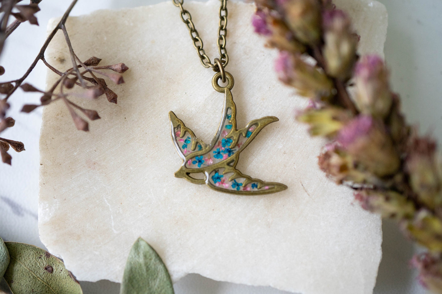 Real Pressed Flowers in Resin, Bronze Bird Necklace in Blue and Pink