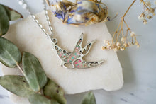 Real Pressed Flowers in Resin, Silver Bird Necklace in Mint and Pink