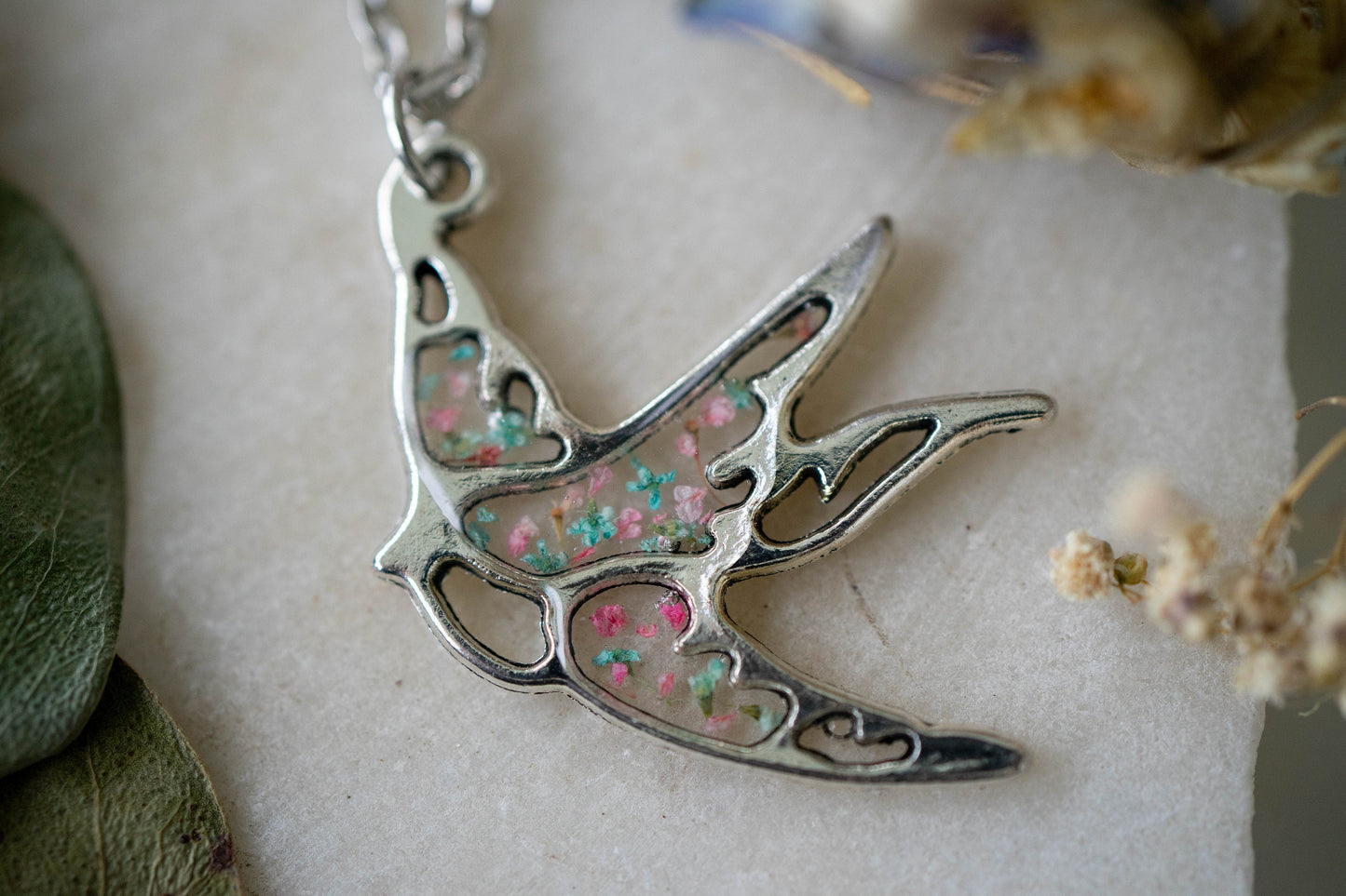 Real Pressed Flowers in Resin, Silver Bird Necklace in Mint and Pink