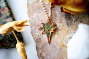 Real Pressed Flowers in Resin, Rose Gold Necklace Star Burst in Teal and Peach
