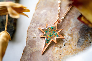 Real Pressed Flowers in Resin, Rose Gold Necklace Star Burst in Teal and Peach