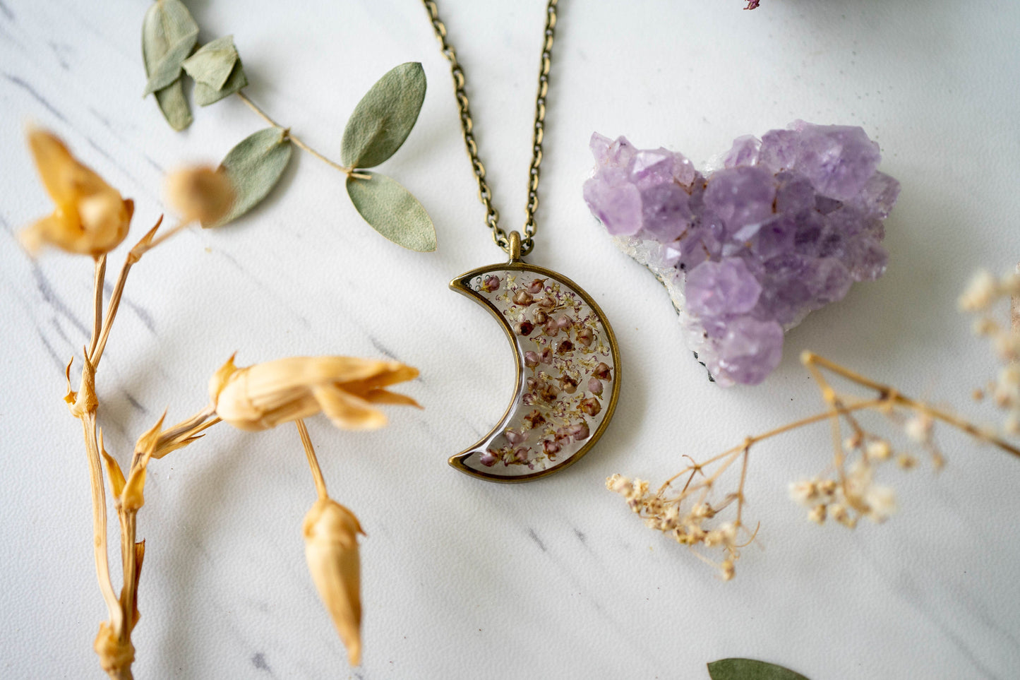 Real Pressed Flower and Resin Celestial Moon Necklace, Bronze with Heather Flowers