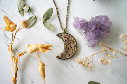 Real Pressed Flower and Resin Celestial Moon Necklace, Bronze with Heather Flowers