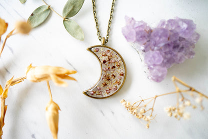 Real Pressed Flower and Resin Celestial Moon Necklace, Bronze with Heather Flowers