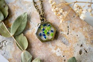 Real Pressed Flowers in Resin Necklace, Bronze Hexagon in Blue and Green Flowers