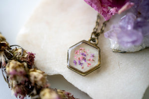 Real Pressed Flowers in Resin Necklace, Bronze Hexagon in Pink and Purple