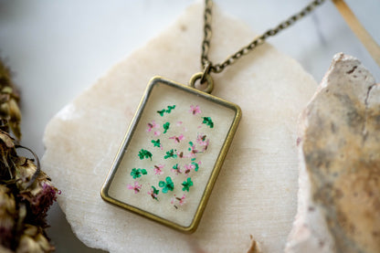 Real Pressed Flowers in Resin Necklace, Bronze Rectangle in Green and Pink