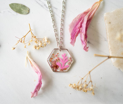 Real Pressed Flowers in Resin Necklace, Silver Hexagon with Flower and Fern Mix