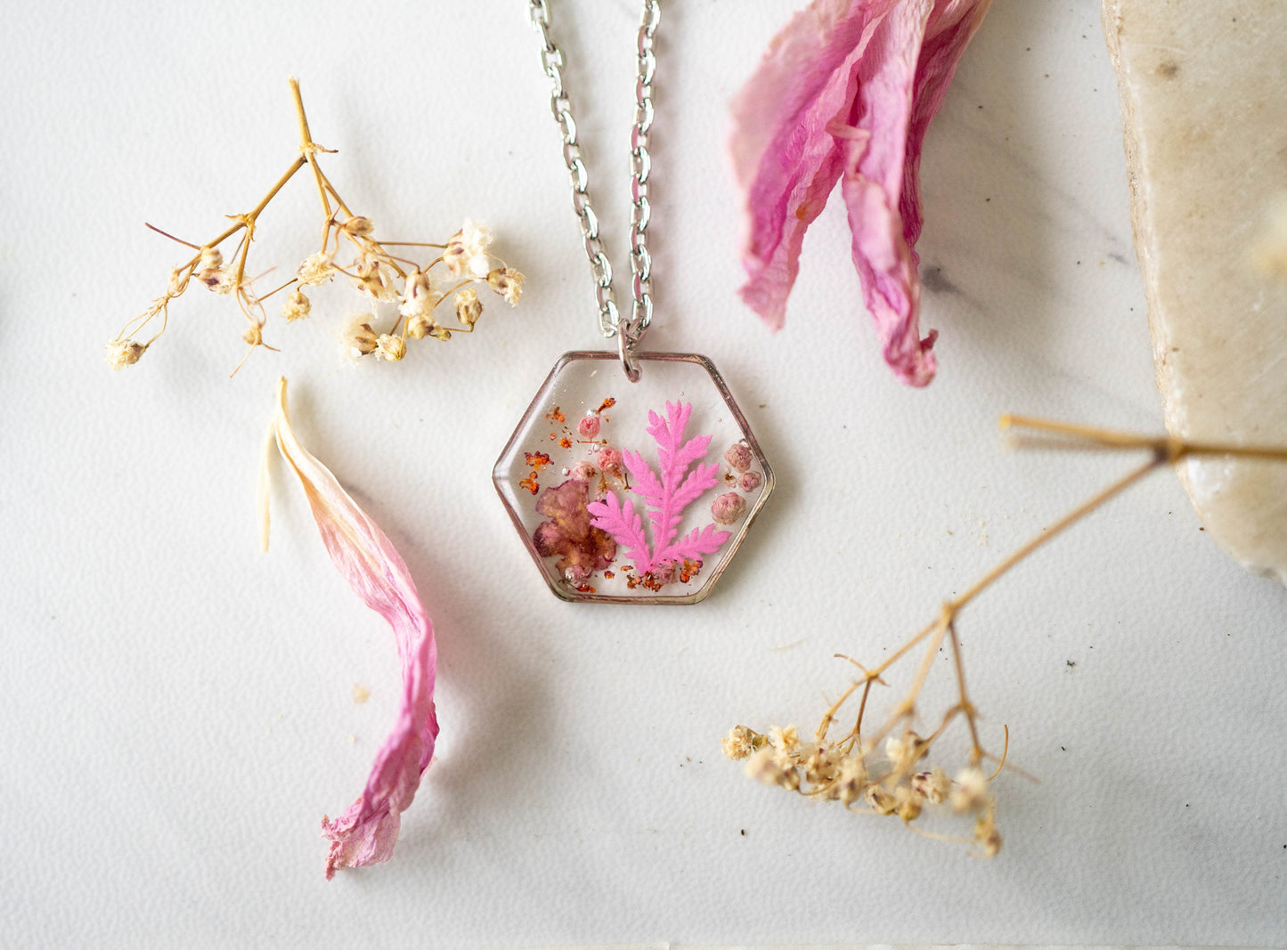 Real Pressed Flowers in Resin Necklace, Silver Hexagon with Flower and Fern Mix