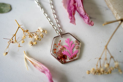 Real Pressed Flowers in Resin Necklace, Silver Hexagon with Flower and Fern Mix