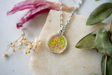 Real Pressed Flowers in Resin Necklace, Silver Circle with Lime Green and Peach Flowers