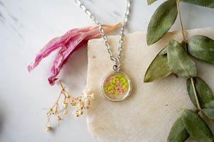 Real Pressed Flowers in Resin Necklace, Silver Circle with Lime Green and Peach Flowers