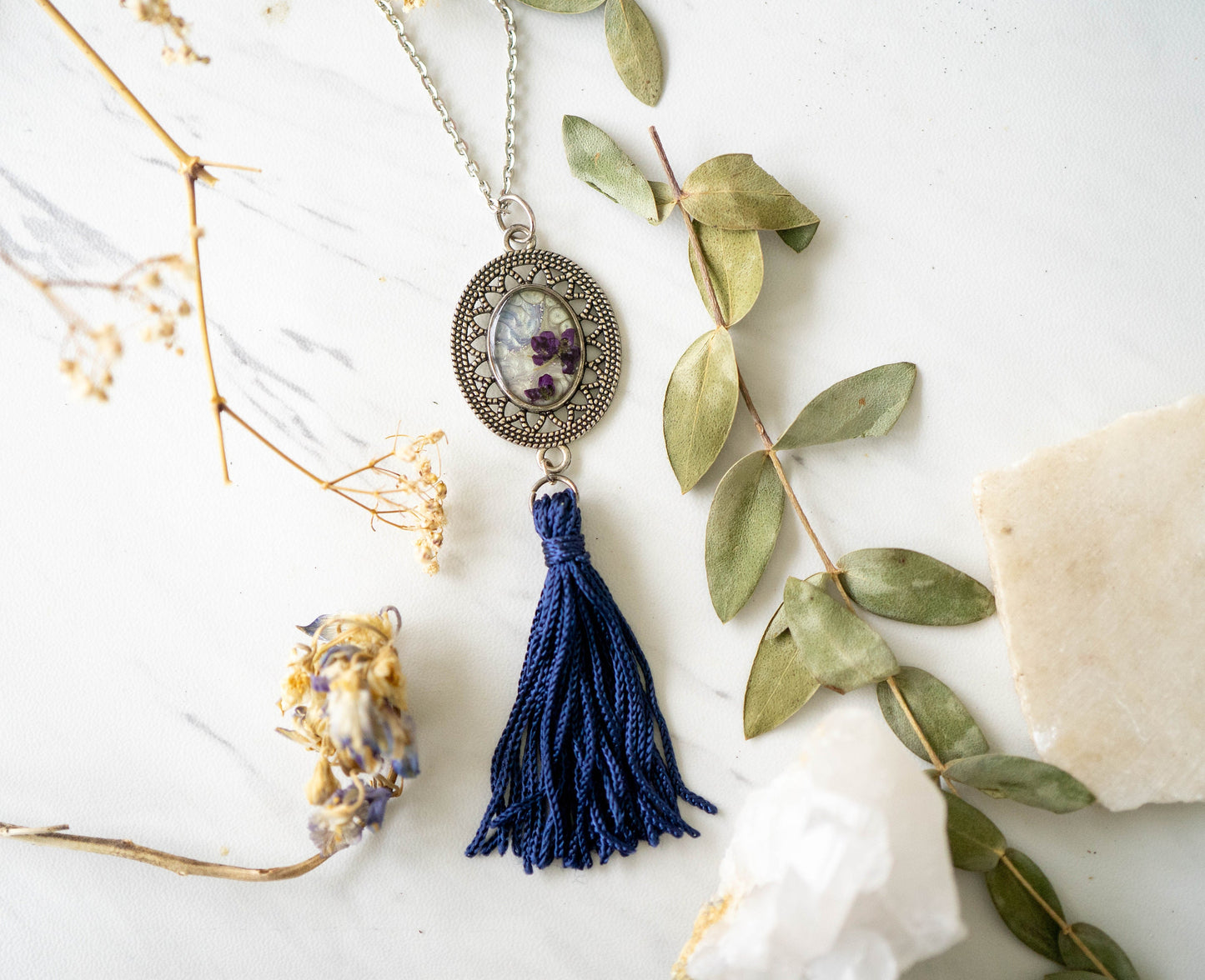 Real Pressed Flowers in Resin Necklace, Painted Silver Necklace with Navy Blue Tassel and Purple Alyssum