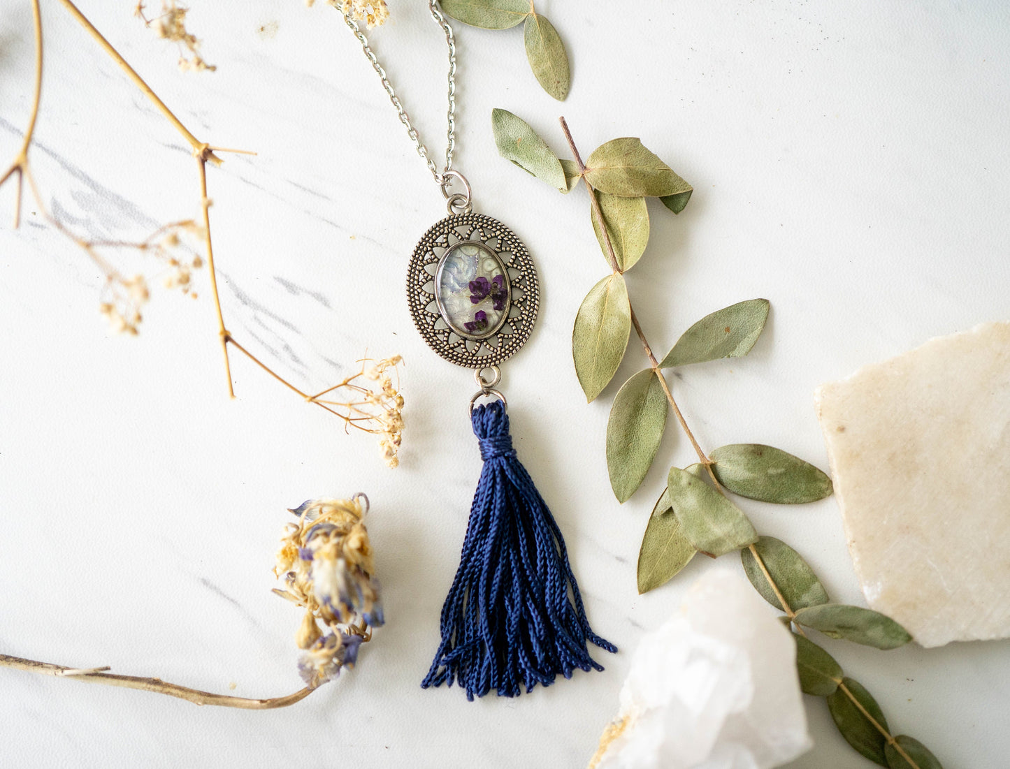 Real Pressed Flowers in Resin Necklace, Painted Silver Necklace with Navy Blue Tassel and Purple Alyssum