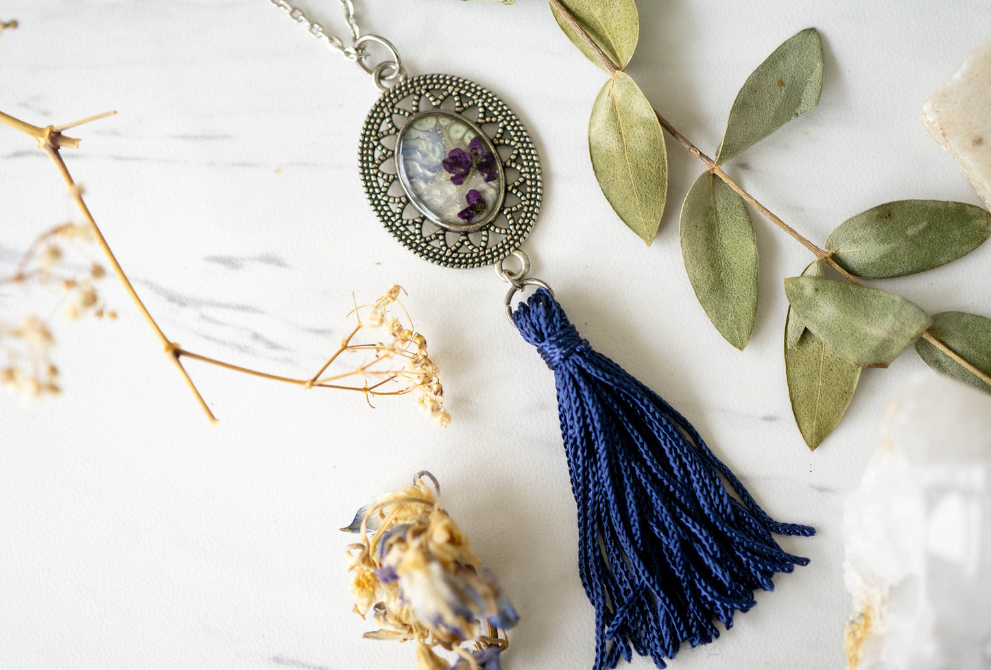 Real Pressed Flowers in Resin Necklace, Painted Silver Necklace with Navy Blue Tassel and Purple Alyssum