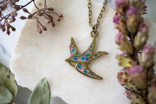 Real Pressed Flowers in Resin, Bronze Bird Necklace in Blue and Pink