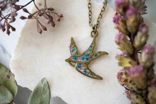 Real Pressed Flowers in Resin, Bronze Bird Necklace in Blue and Pink
