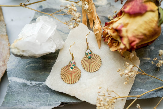 Real Pressed Flowers Earrings, Gold Fan Drop Earrings